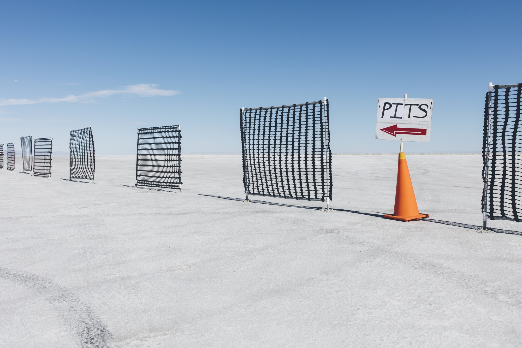 PITS sign and arrow marking race course on the Salt Flats